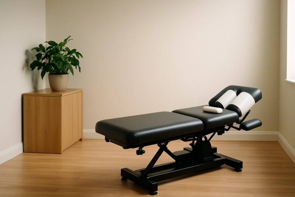 Chiropractic treatment room set up for neck pain care with a cervical adjustment table
